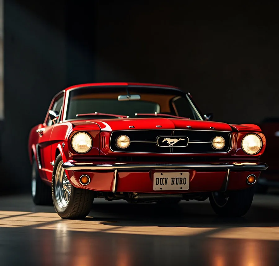 Restored classic Mustang, headlights on